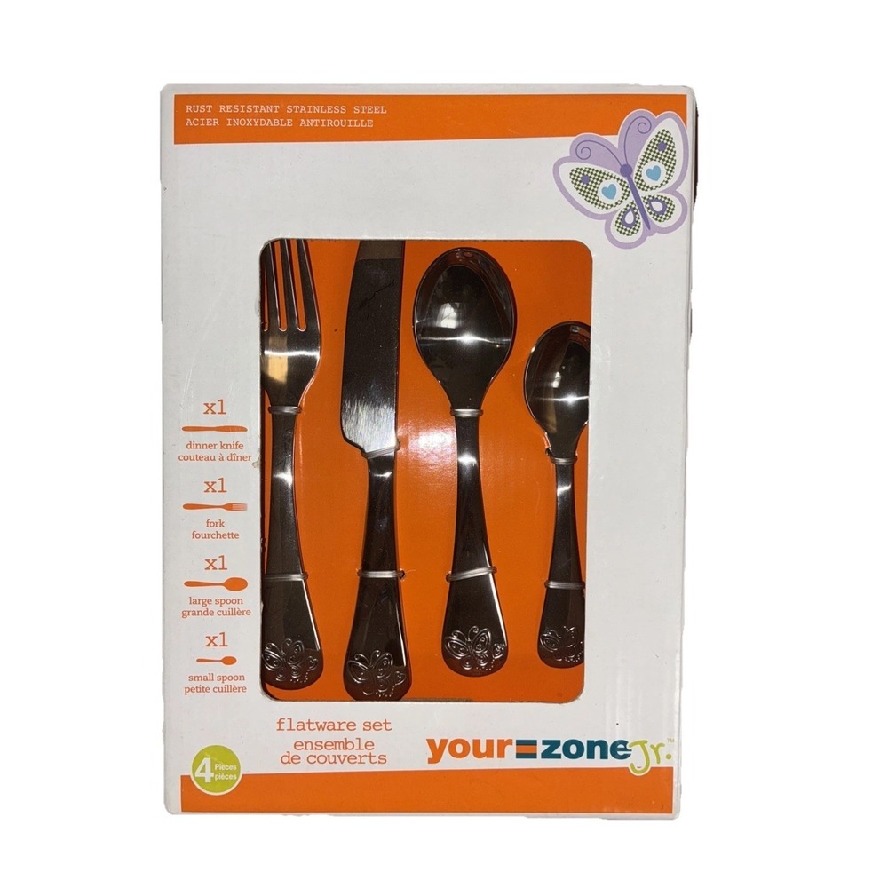 Your Zone Jr Kids Flatware Set Butterfly Stainless Steel 4 Pc NEW